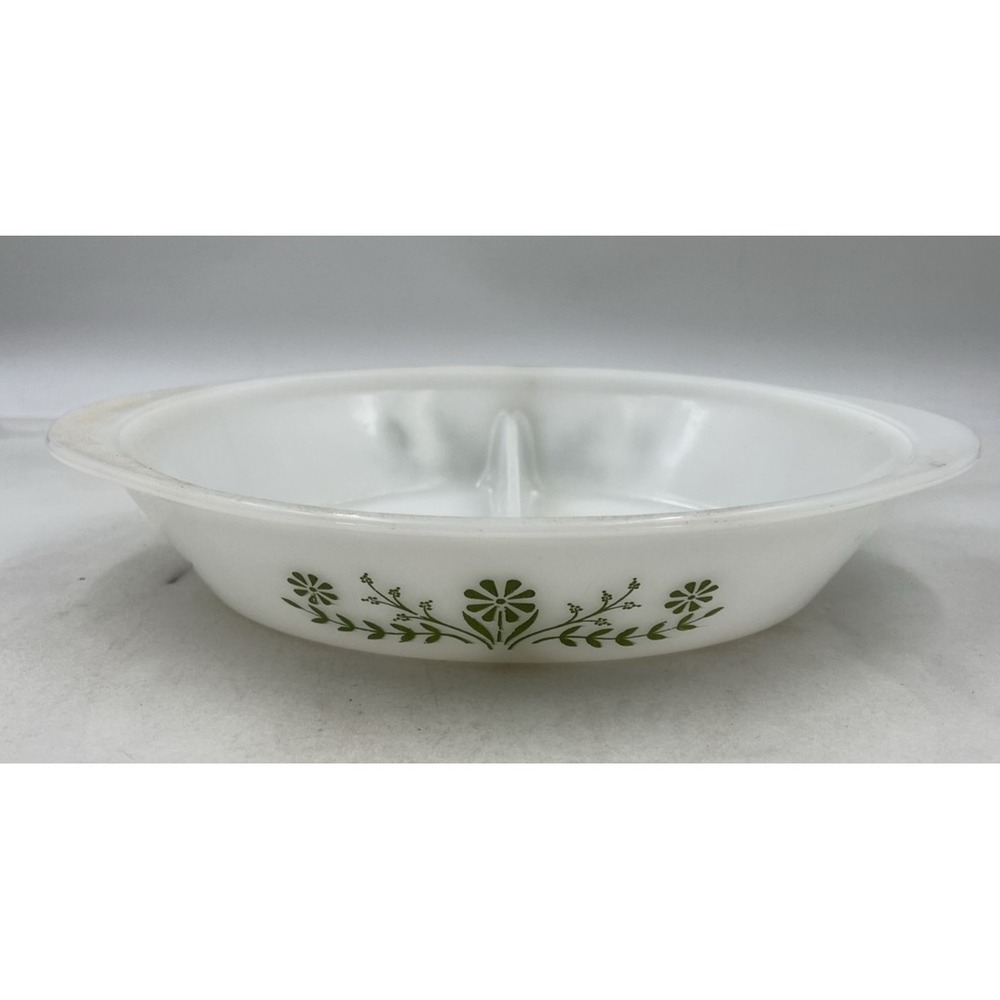 Vintage Glasbake Casserole Dish Milk Glass Divided Green Daisy Pattern J2352